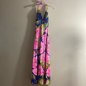 Vintage 70s Pink, Gold, and Blue Floral Marshall Rousso Sun Dress